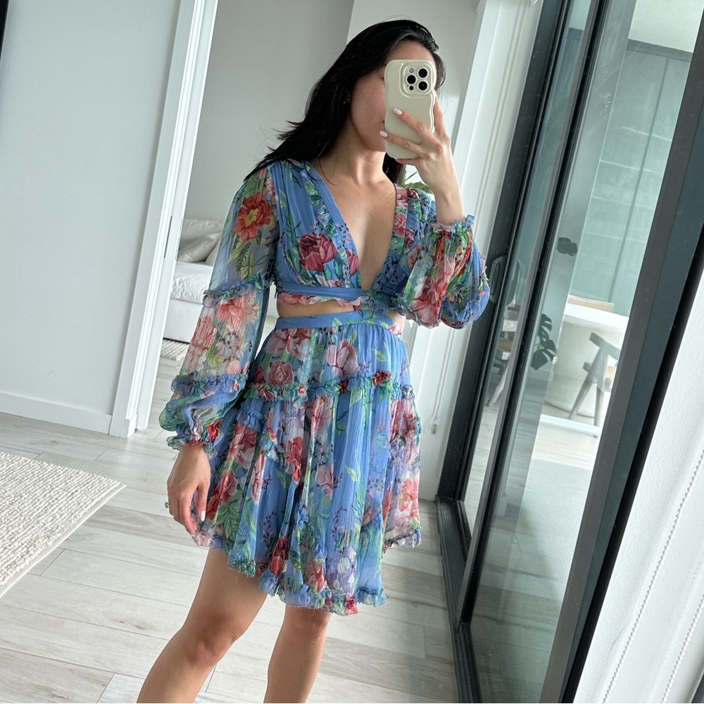 Blue Floral Zimmermann Bellitude Cut Out Silk Mini Dress